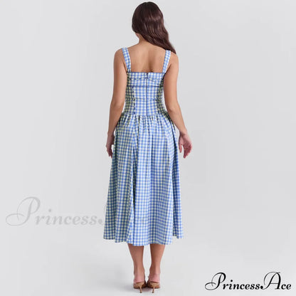 Blue Gingham Stylish Strap Midi Dress