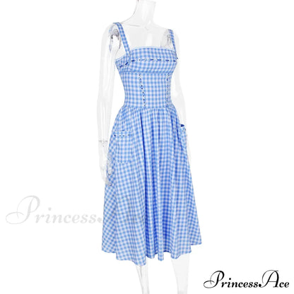Blue Gingham Stylish Strap Midi Dress