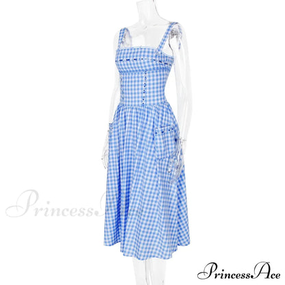 Blue Gingham Stylish Strap Midi Dress