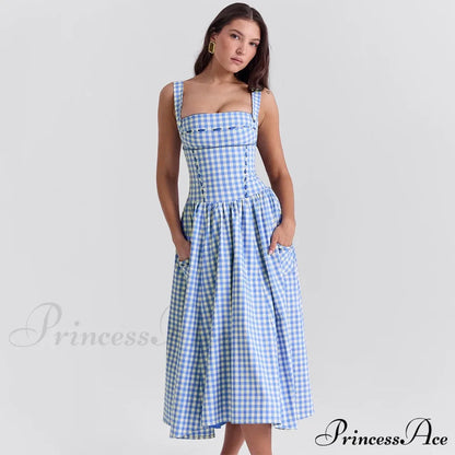 Blue Gingham Stylish Strap Midi Dress