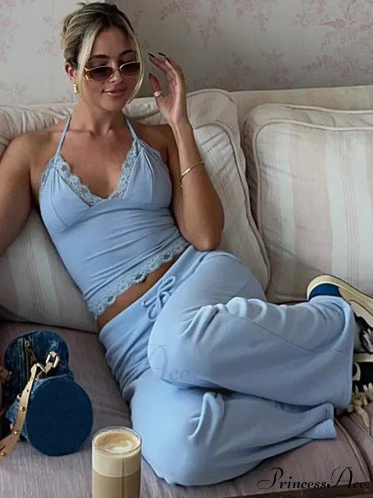 Blue Halter Crop Top Graceful and Flare Pants Set