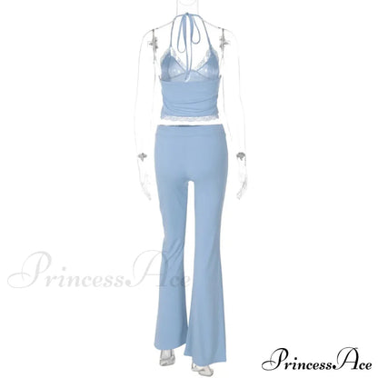 Blue Halter Crop Top Graceful and Flare Pants Set