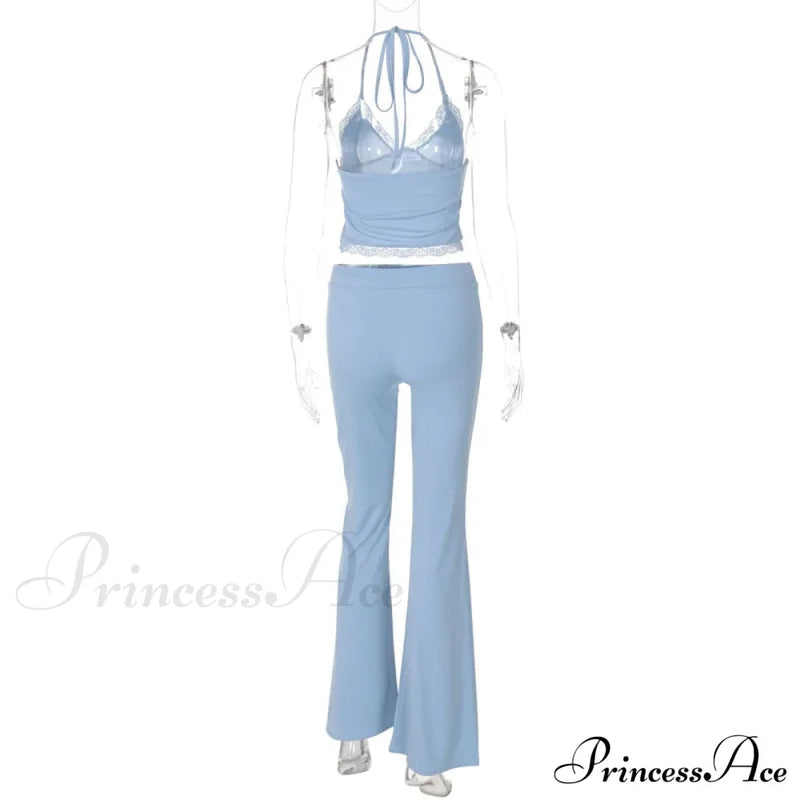 Blue Halter Crop Top Graceful and Flare Pants Set