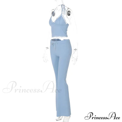Blue Halter Crop Top Graceful and Flare Pants Set