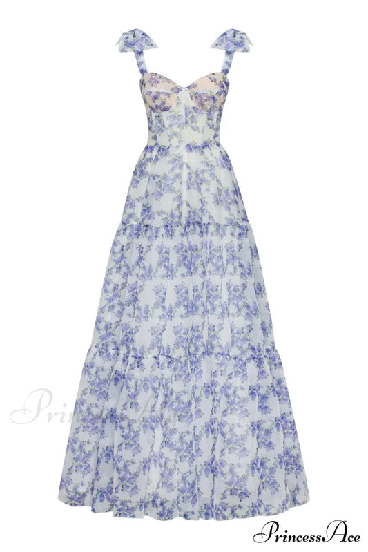 Blue Hydrangea Tender Charming Tie-strap Maxi Dress