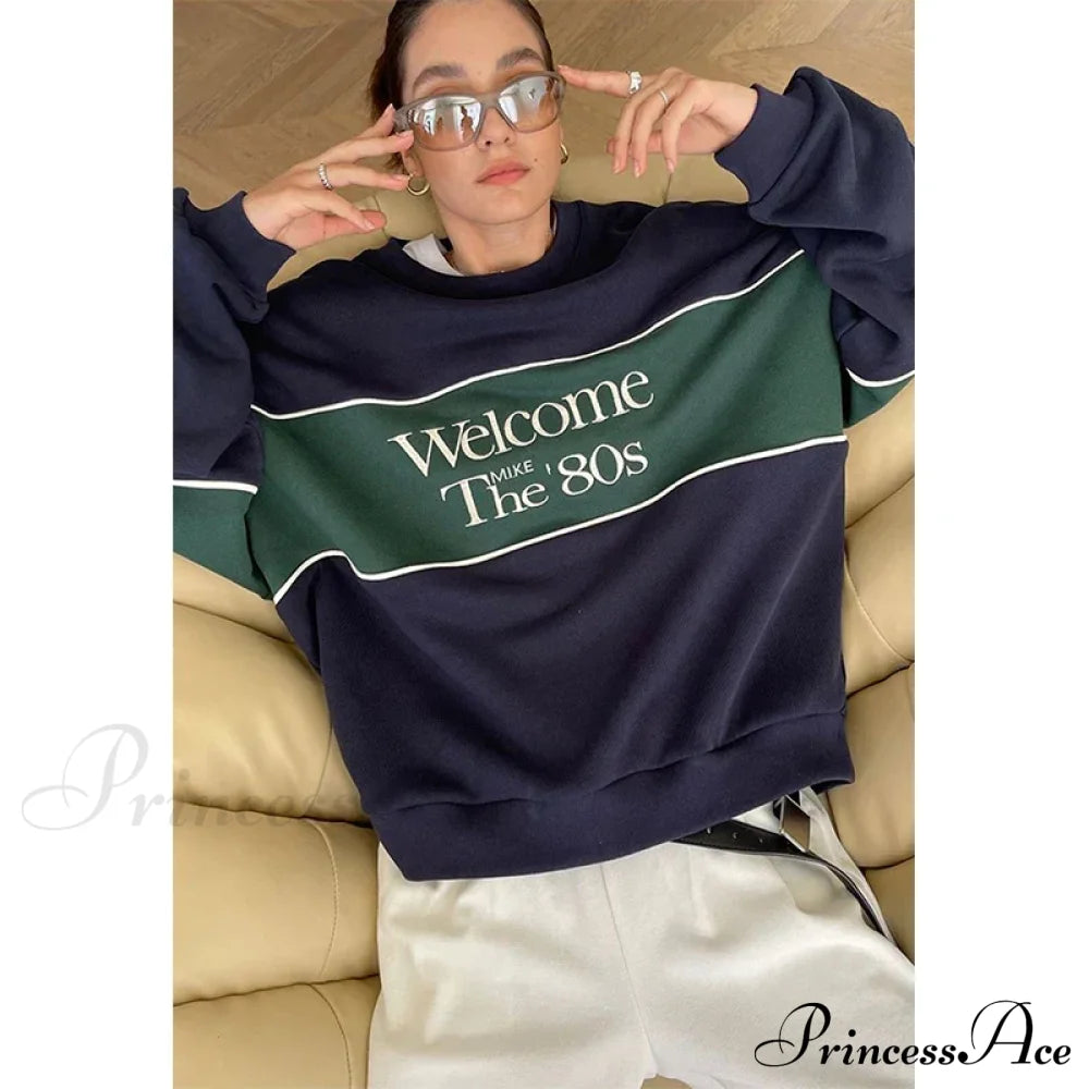Blue Letter Stylish Print Sweatshirt