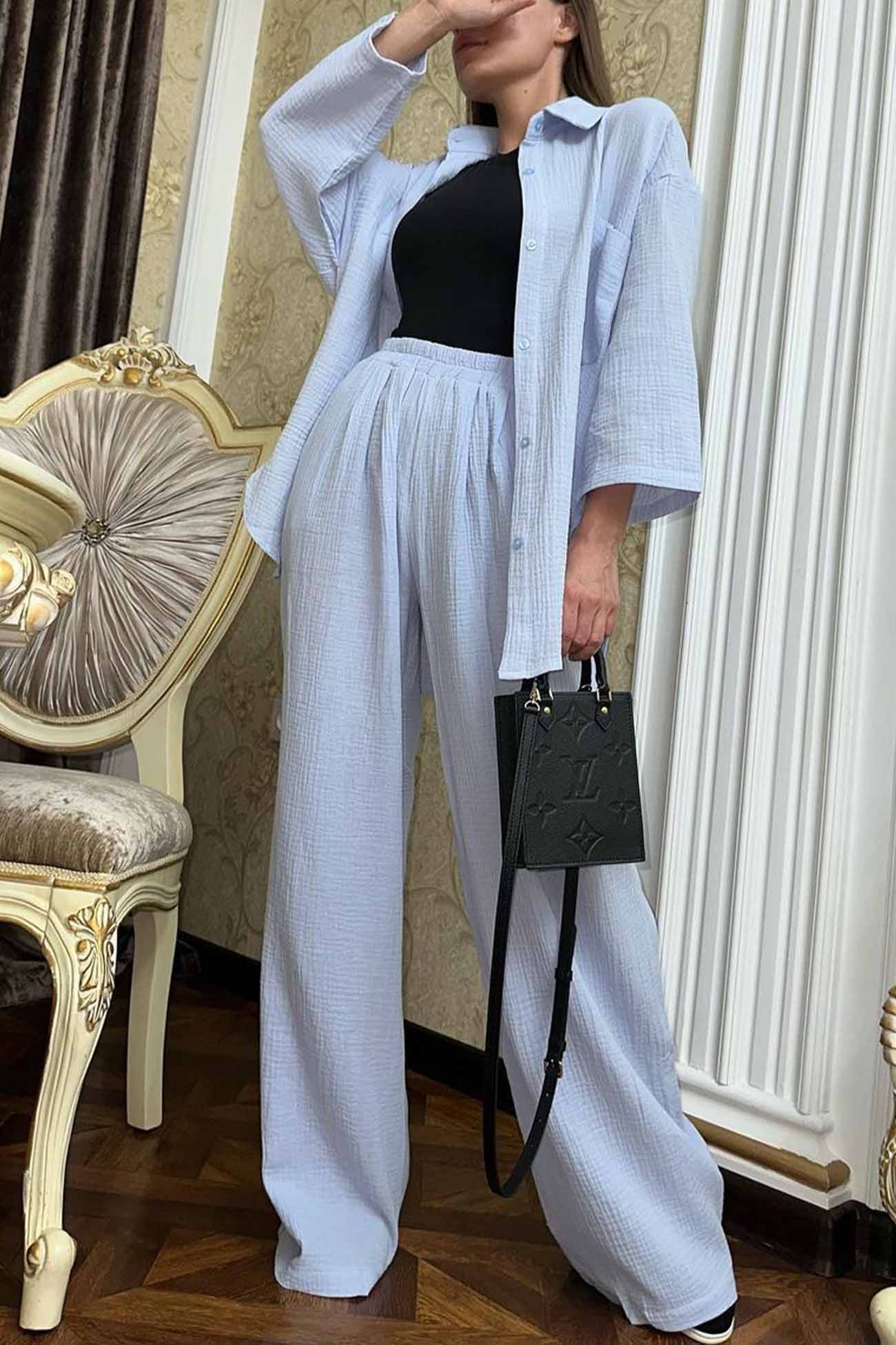 Button Belt Wide Leg Pants Two-piece Set
