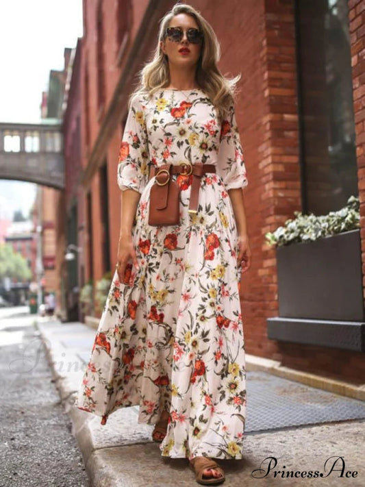 Bohemia Maxi Dress With Round Neck and Half Sleeves