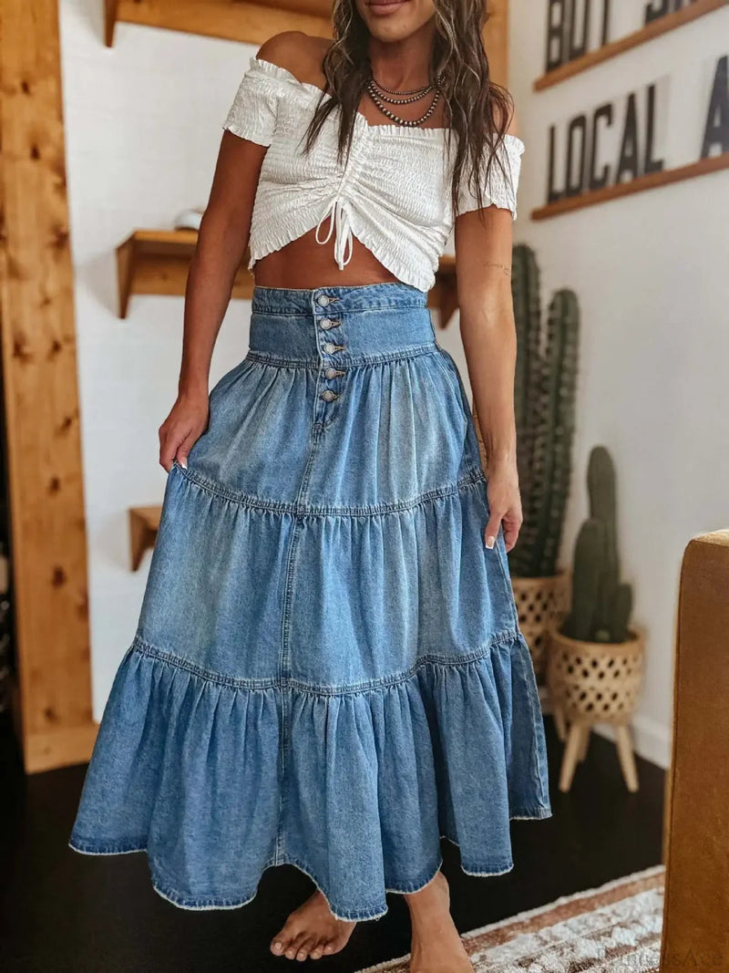 Tiered Denim Maxi Skirt
