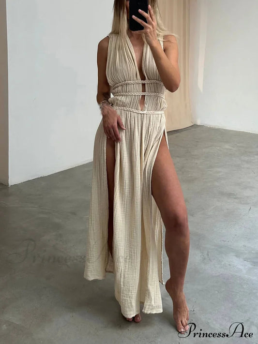 Braids Belt Cutout Graceful Slit Kaftan Maxi Dress