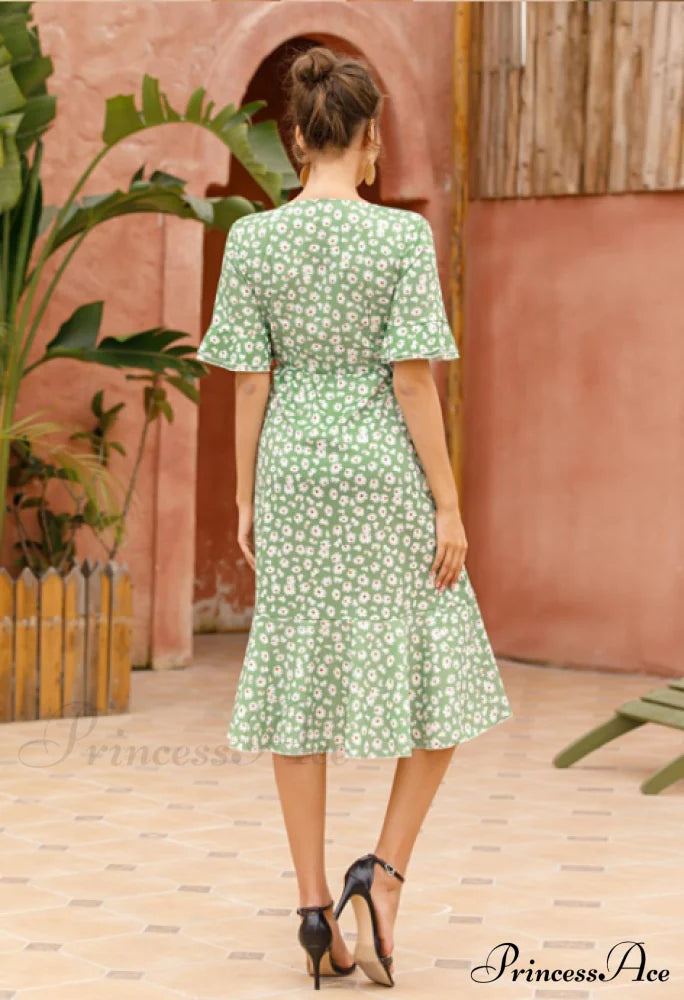 Print Midi Dress With Ruffle Sleeves for