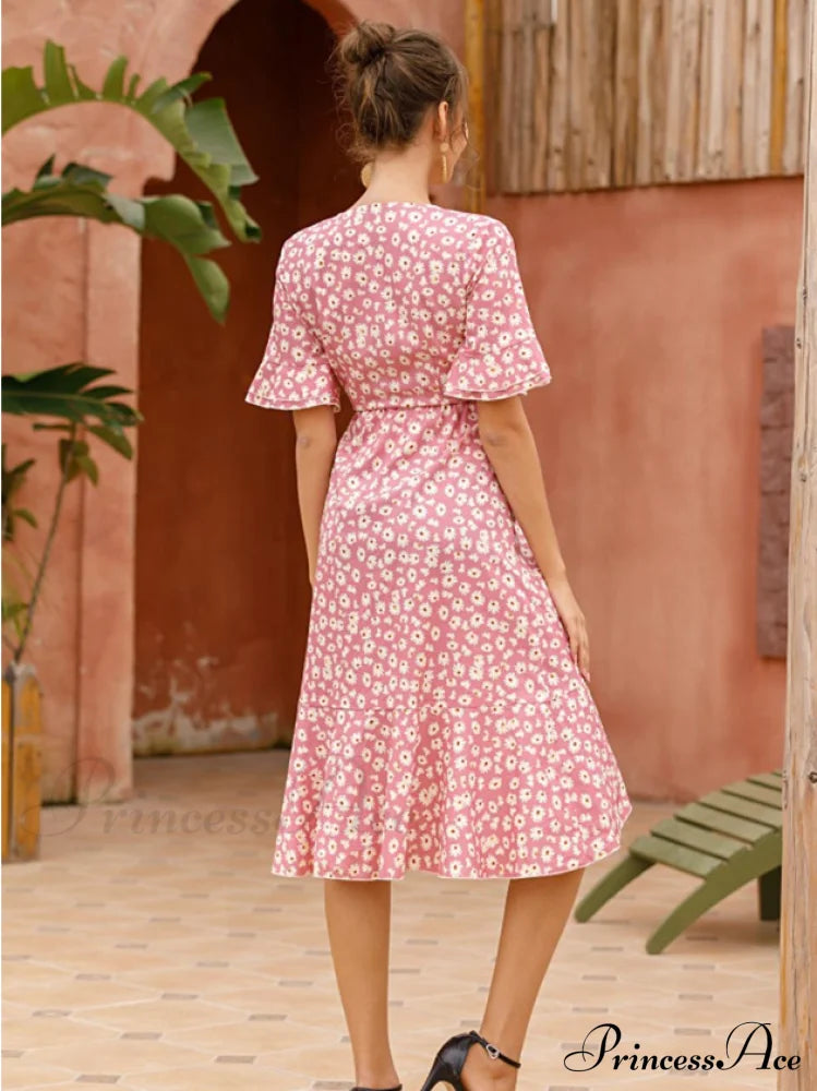 Print Midi Dress With Ruffle Sleeves for