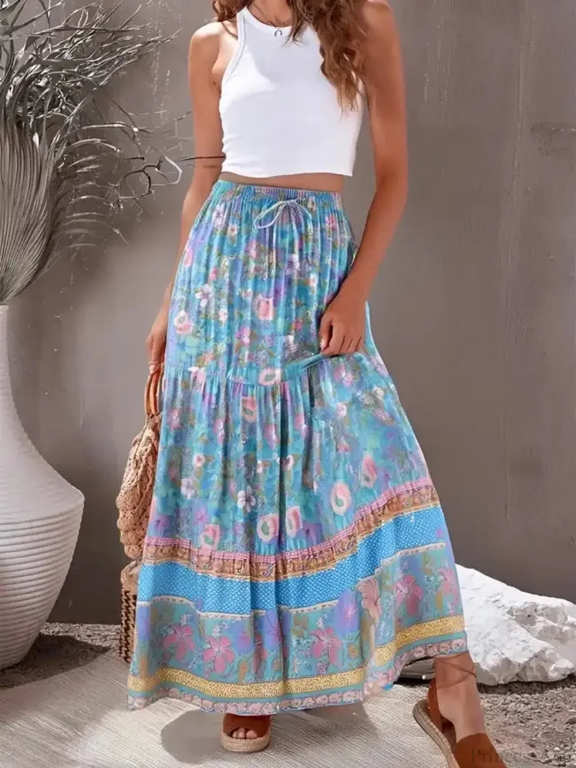 High Waist Viscose Maxi Skirt A-line Ruffled Print
