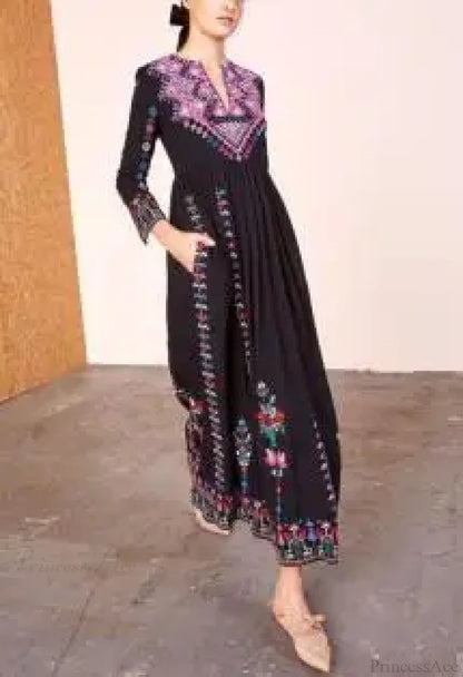 Long Dress Embroidery Rayon V-neck Dress