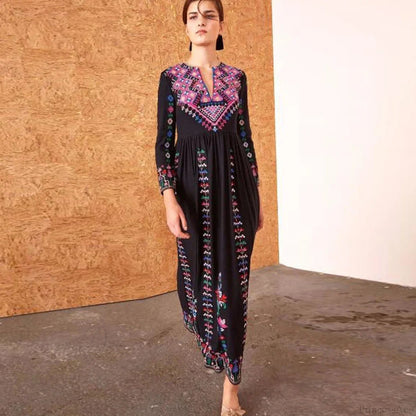 Long Dress Embroidery Rayon V-neck Dress
