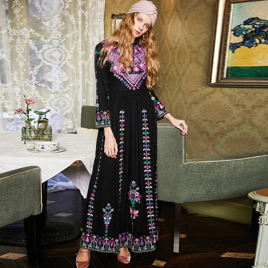 Long Dress Embroidery Rayon V-neck Dress