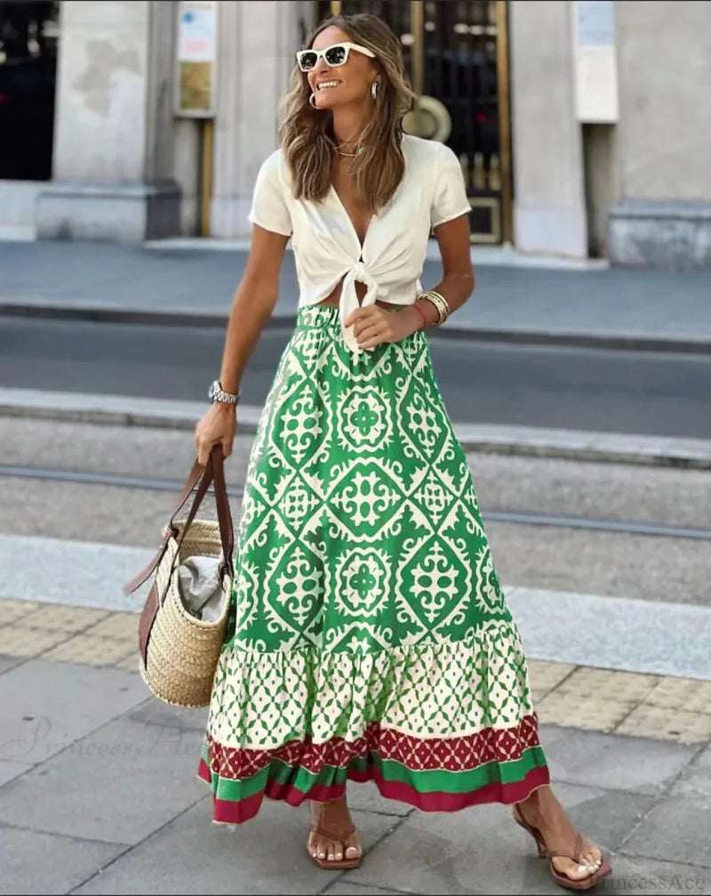 Print High Waist Maxi Skirt Loose Summer Skirt