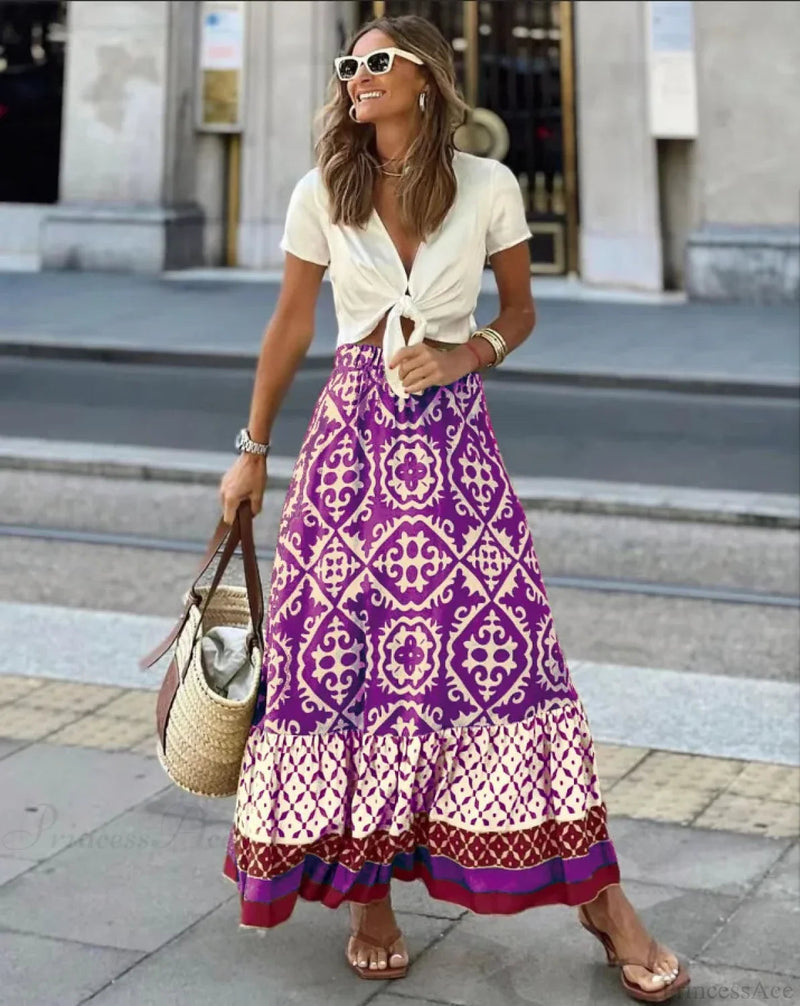 Print High Waist Maxi Skirt Loose Summer Skirt