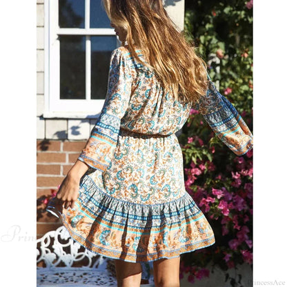 Red Print Mini Dress V-neck Short Summer Dress