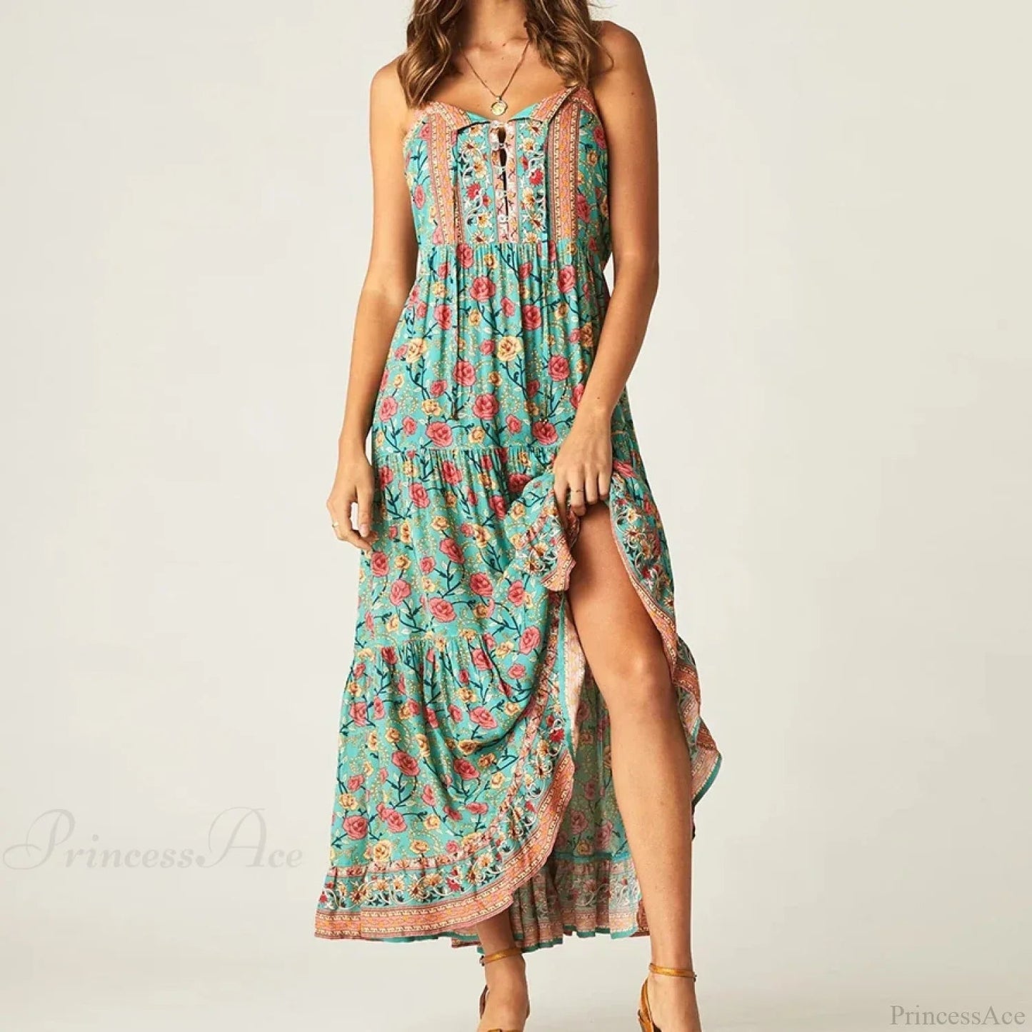 Strap Dresses Gypsy Sleeveless Rayon Print Maxi Dress