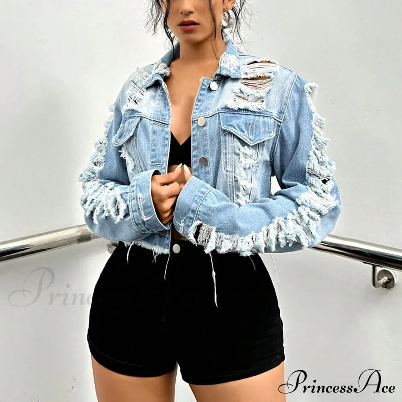 Boyfriend Ripped Crpped Button Down Chest Pockets Overcoat Warm Stylish Fashionable Versatile Jacket