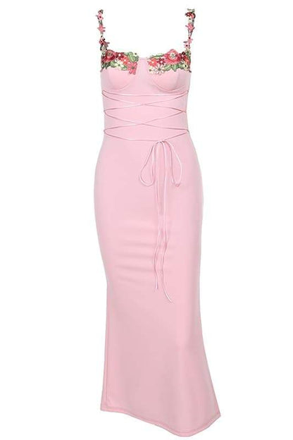 Brenda Embroidered Lace-up Midi Dress