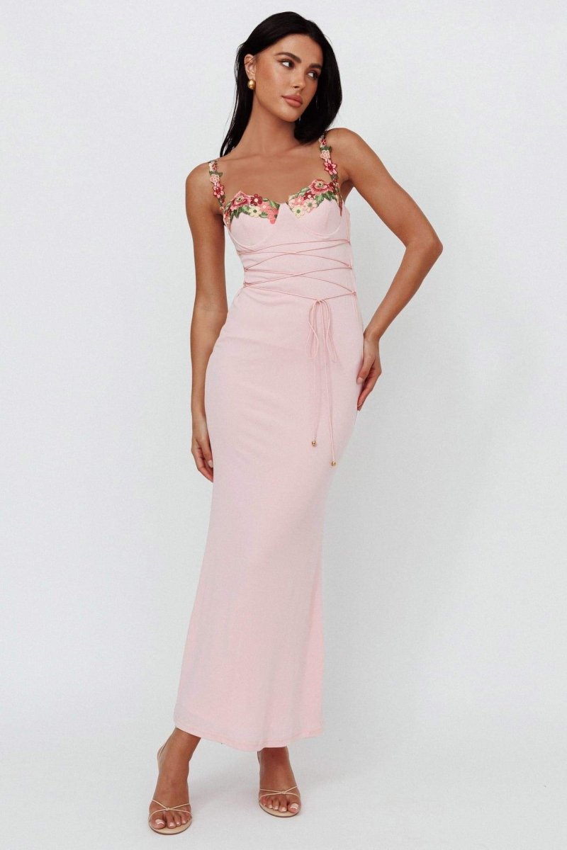 Brenda Embroidered Lace-up Midi Dress