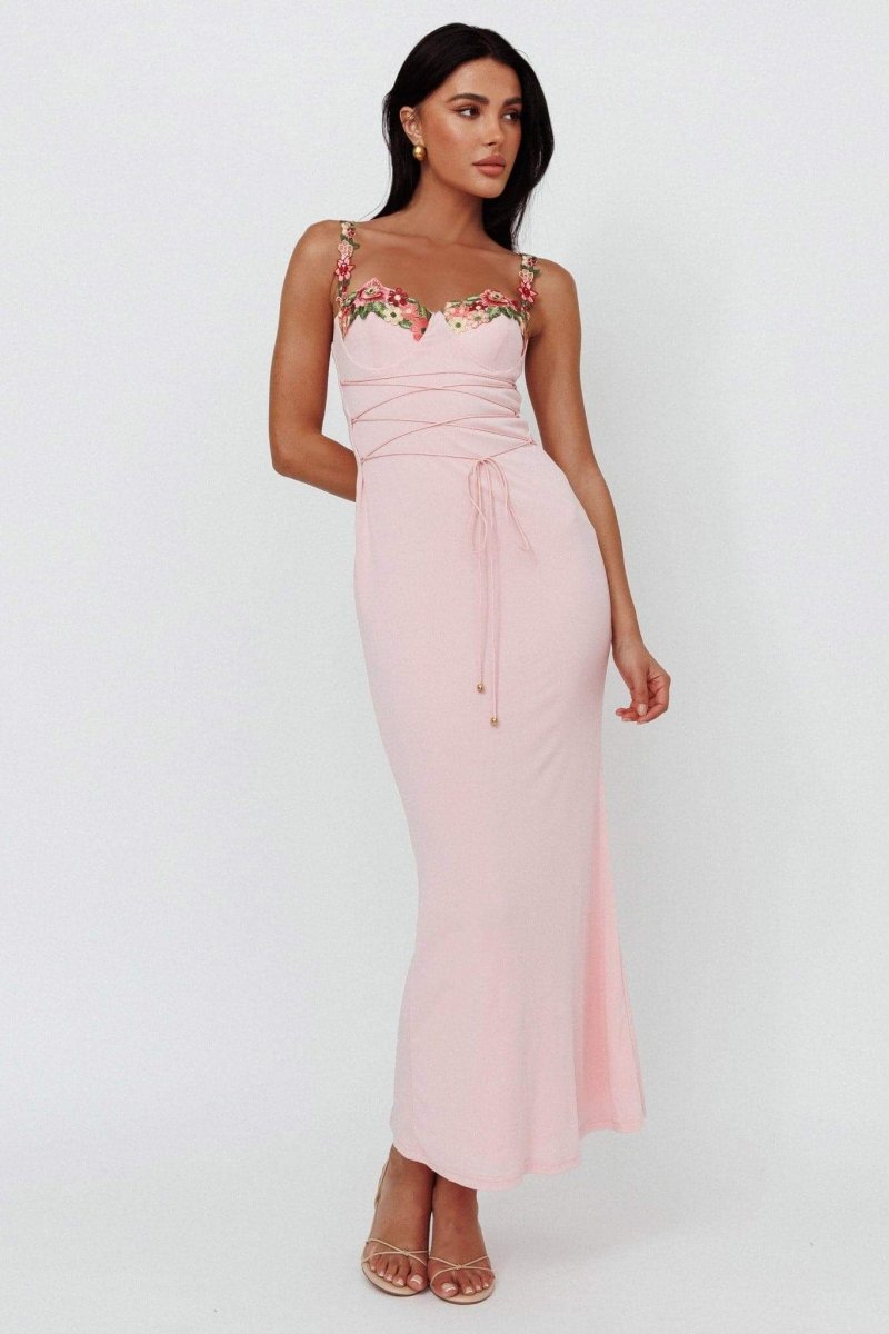 Brenda Embroidered Lace-up Midi Dress