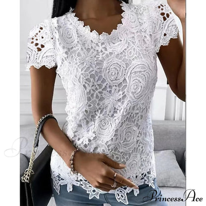 Brief Pink Neck White Blouse Round Black Lace Arm Basic Plain Blouse