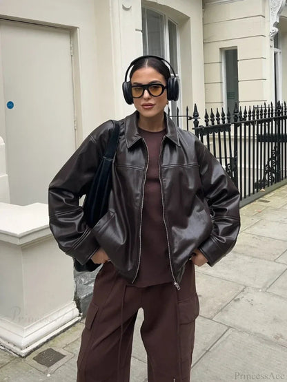 Brown Drawstring Tie Leather Coat