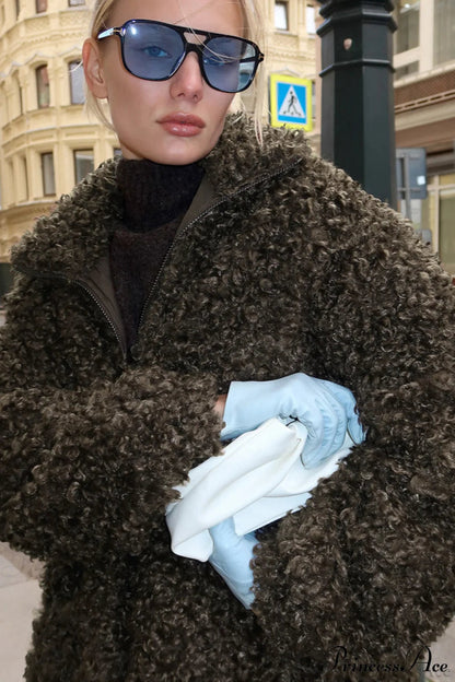 Brown Faux Fur Retro Thick Pullover Wool Coat