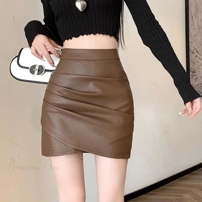 Brown Pu Leather Slim Fit Skirt