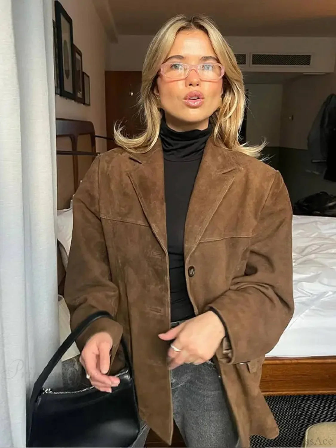 Brown Single Breasted Leather Coat