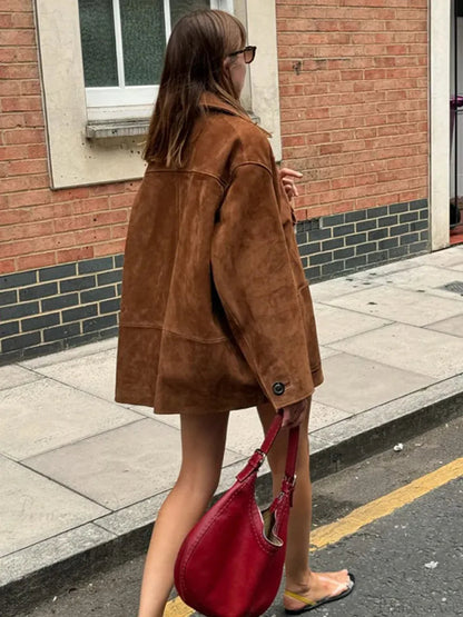 Brown Stand Collar Suede Coat