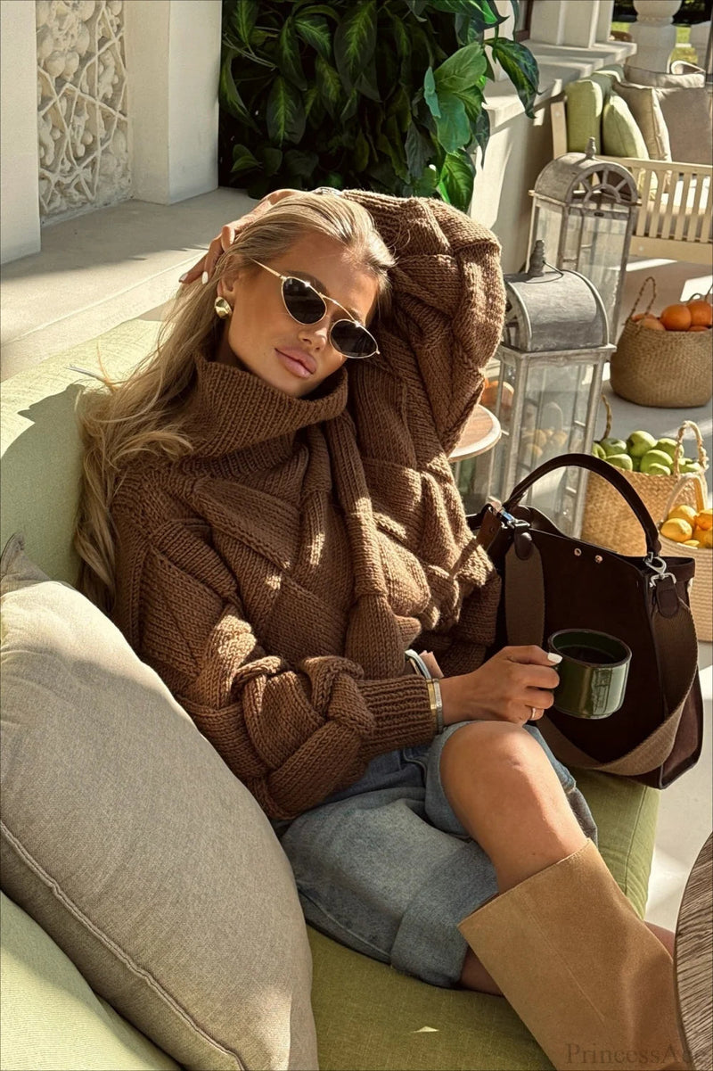 Brown Turtleneck Argyle Cropped Sweater