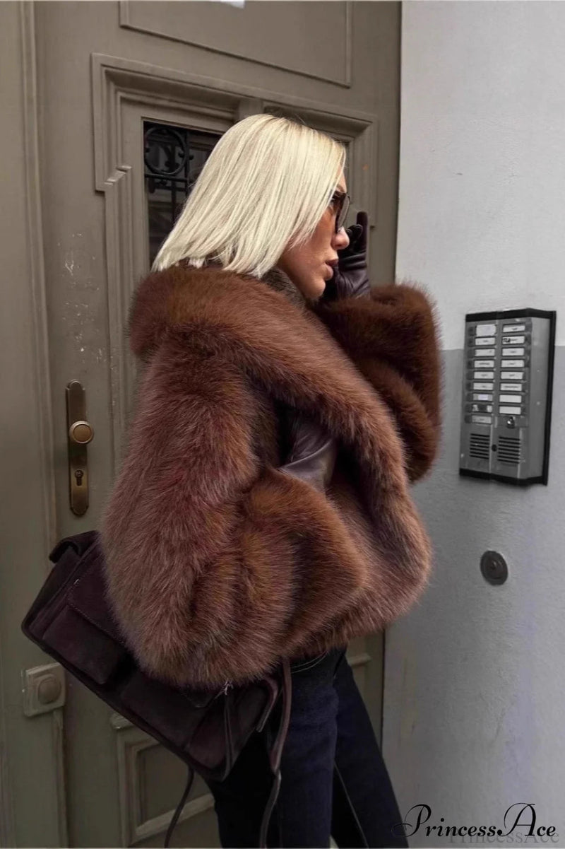 Brown Old Money Faux Fox Fur Short Coat