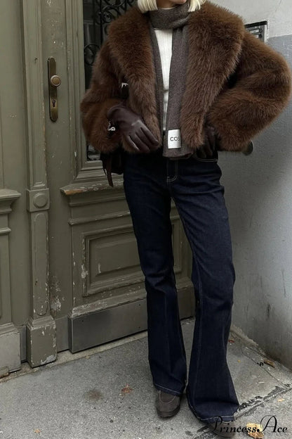Brown Old Money Faux Fox Fur Short Coat