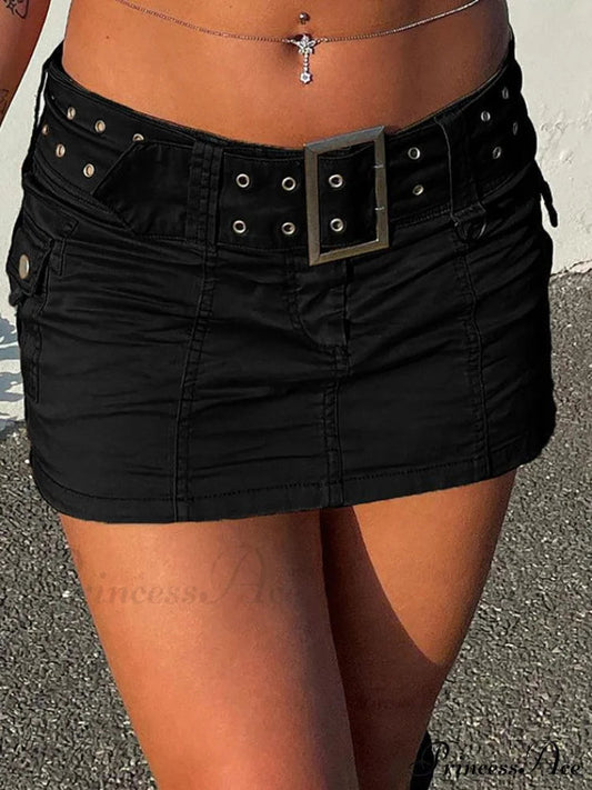 Buckle Belt Denim Pleated Mini Skirt