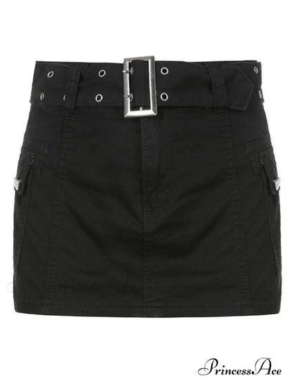Buckle Belt Denim Pleated Mini Skirt