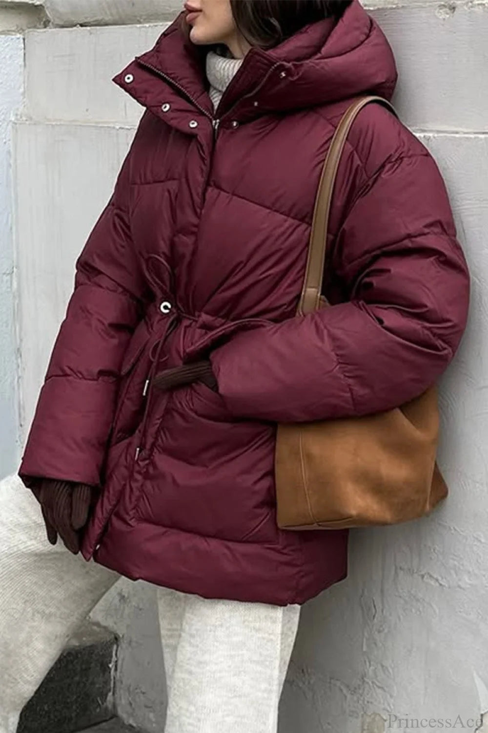Burgundy Hooded Tie-waist Zippered Cotton Coat