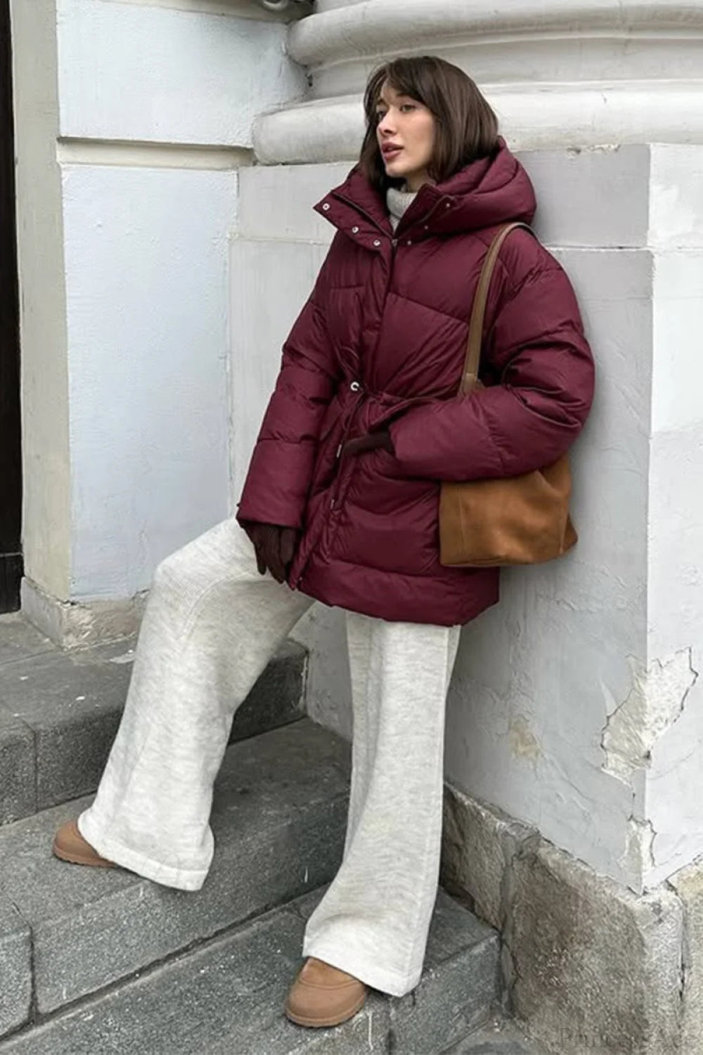 Burgundy Hooded Tie-waist Zippered Cotton Coat