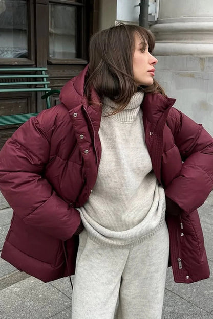 Burgundy Hooded Tie-waist Zippered Cotton Coat