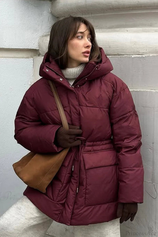Burgundy Hooded Tie-waist Zippered Cotton Coat