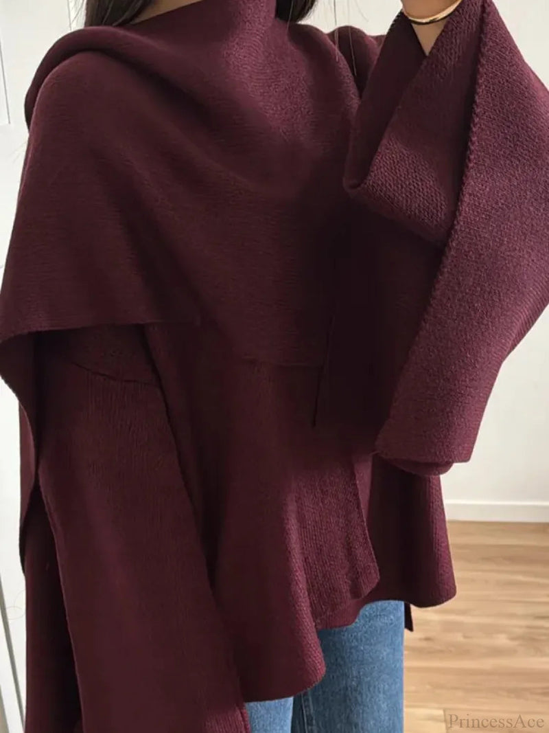 Burgundy Knit Jacket With Scarf Coat