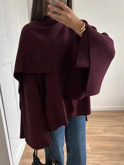 Burgundy Knit Jacket With Scarf Coat