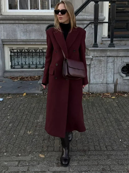 Burgundy Lapel Woolen Double-breasted Overcoat