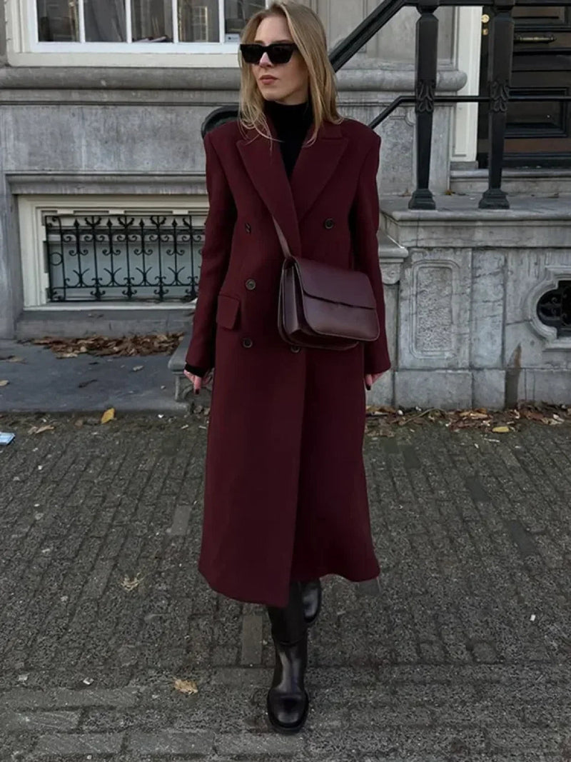Burgundy Lapel Woolen Double-breasted Overcoat