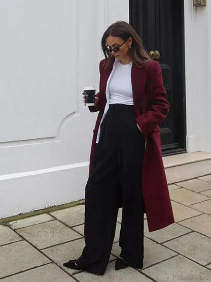 Burgundy Lapel Woolen Double-breasted Overcoat