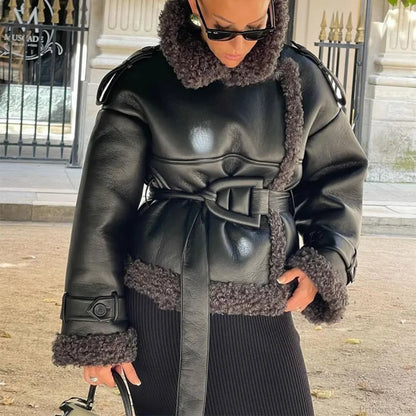 Burgundy Scarf Collar Lace-up Overcoat
