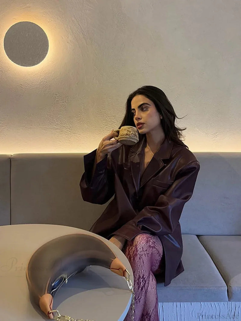 Burgundy Single Breasted Pu Leather Coat